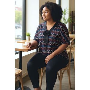 Bisou Bisou Red Blue Black Stretch V Neck Short Sleeve Satin Trim Tie Tunic XL